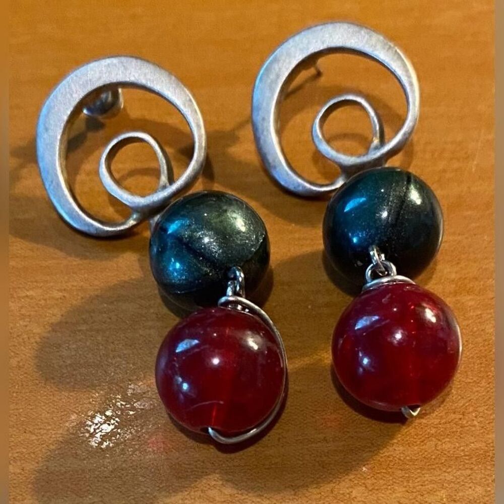 Silver Tone Spiral Bead Dangle Drop Earrings Women’s Multicolor 1.5”  READ